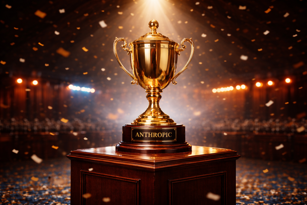 Who Won the AI Race in 2025? Ranking ChatGPT, Claude, Gemini, and Perplexity 4 Trophy with a title of Anthropic on the mantle.