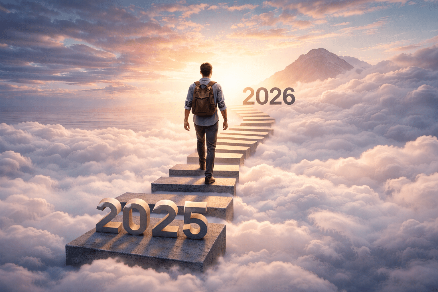 Person walking up cloud staircase