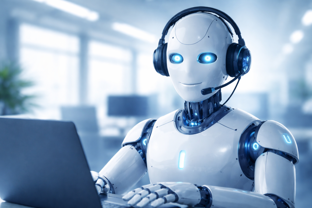 Humanoid robot wearing a customer service headset while working on a laptop in a modern office, symbolizing AI-powered customer support in the future.