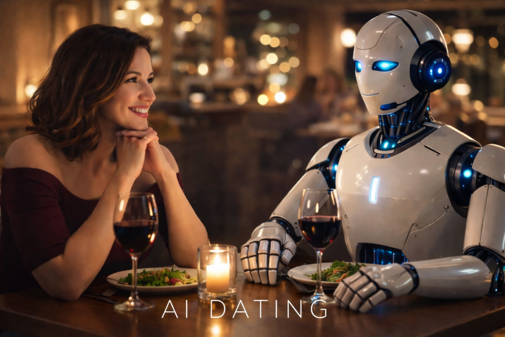 AI Dating Is Real: 28% of Americans Have Had Romantic Relationships With Chatbots 2 Woman smiling across a candlelit restaurant table at a humanoid robot on a dinner date, with the text “AI DATING” centered at the bottom, illustrating the future of human-AI relationships.