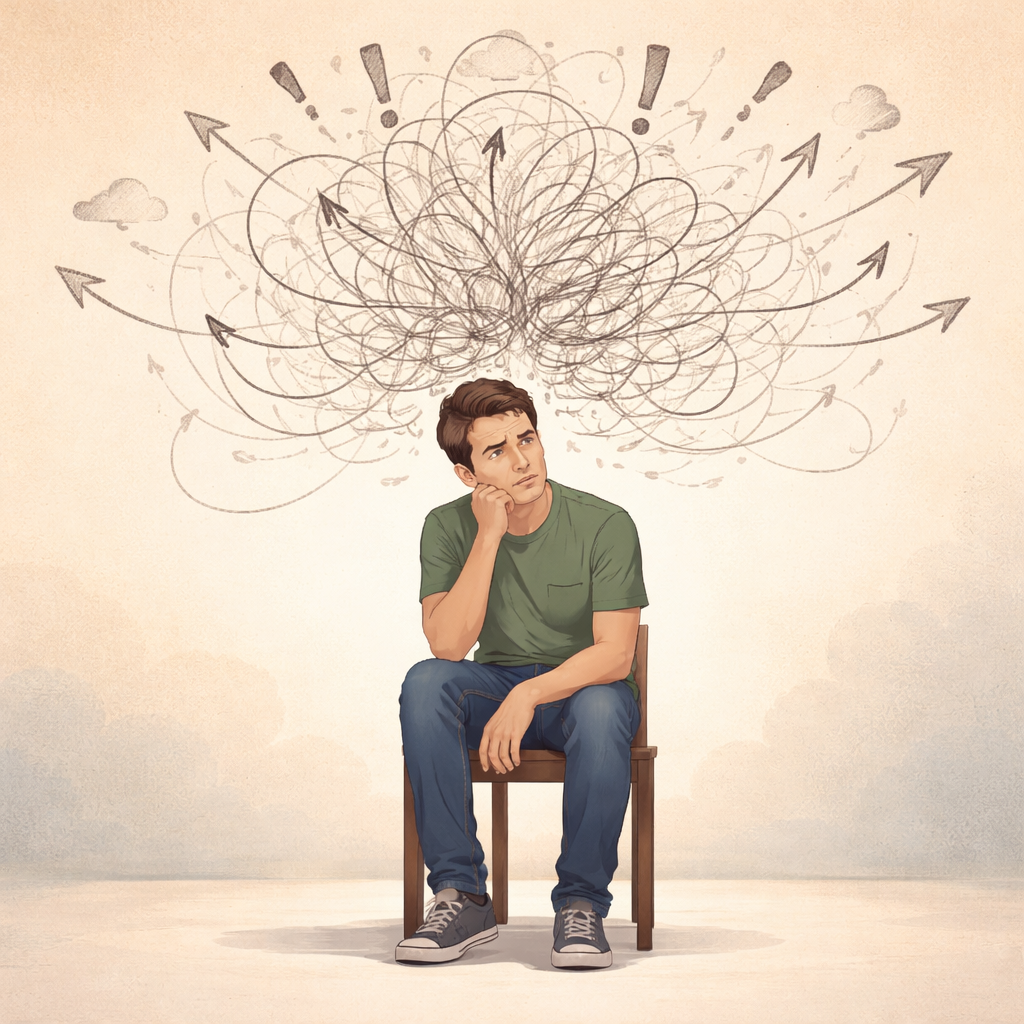 Flat illustration of a confused person sitting on a chair, thinking about business decisions, with chaotic arrows and question marks above their head, representing overwhelm, uncertainty, and decision paralysis in work or entrepreneurship.