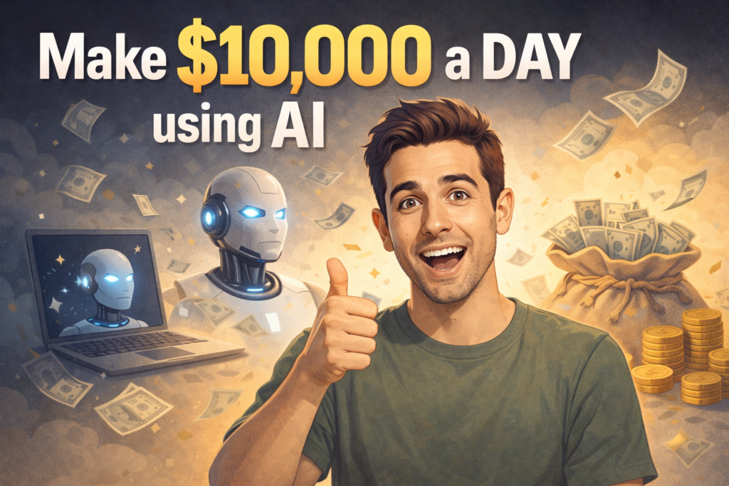 Parody illustration of an excited man with hair giving a thumbs up, surrounded by AI robots, laptops, and piles of money, satirizing exaggerated claims about making $10,000 a day using artificial intelligence.