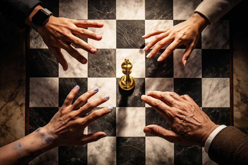 Who Won the AI Race in 2025? Ranking ChatGPT, Claude, Gemini, and Perplexity 1 Four hands reaching out, buying for a king chest piece.