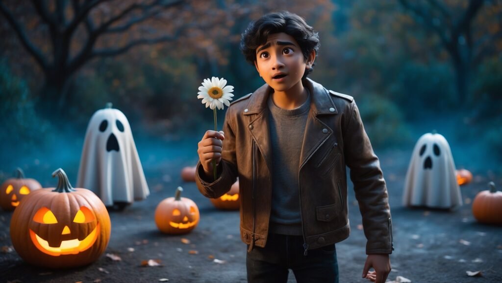 Person holding flower among Halloween decorations.