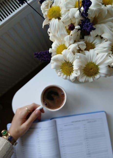 Morning scene with coffee, open journal for AI mood tracking, and daisies on a table