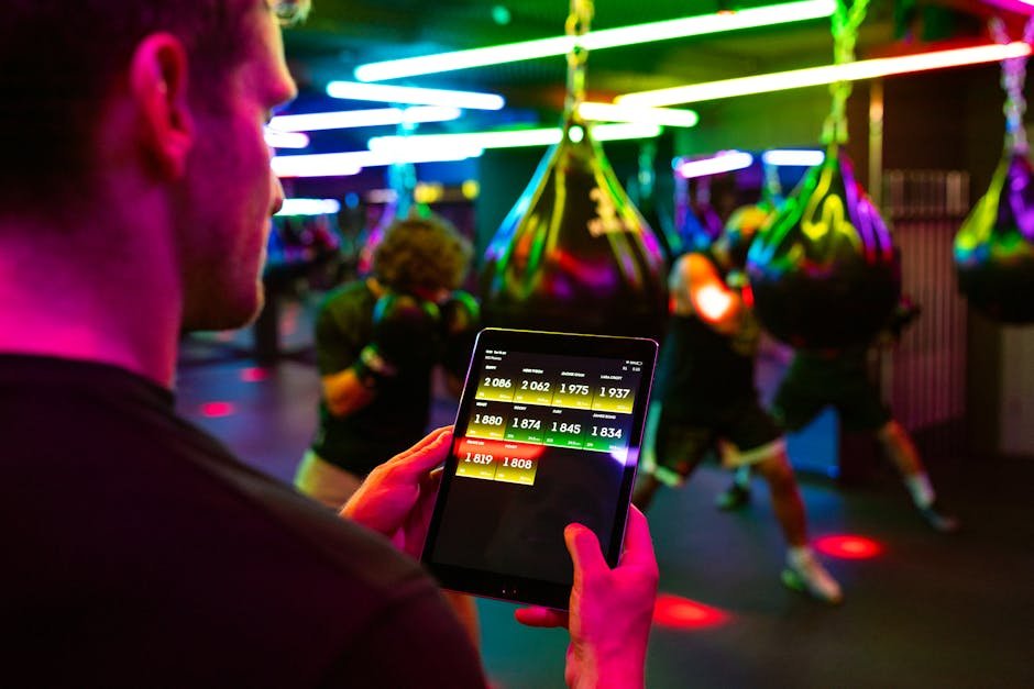 Gym workout with AI workout recommendations tracking performance on tablet