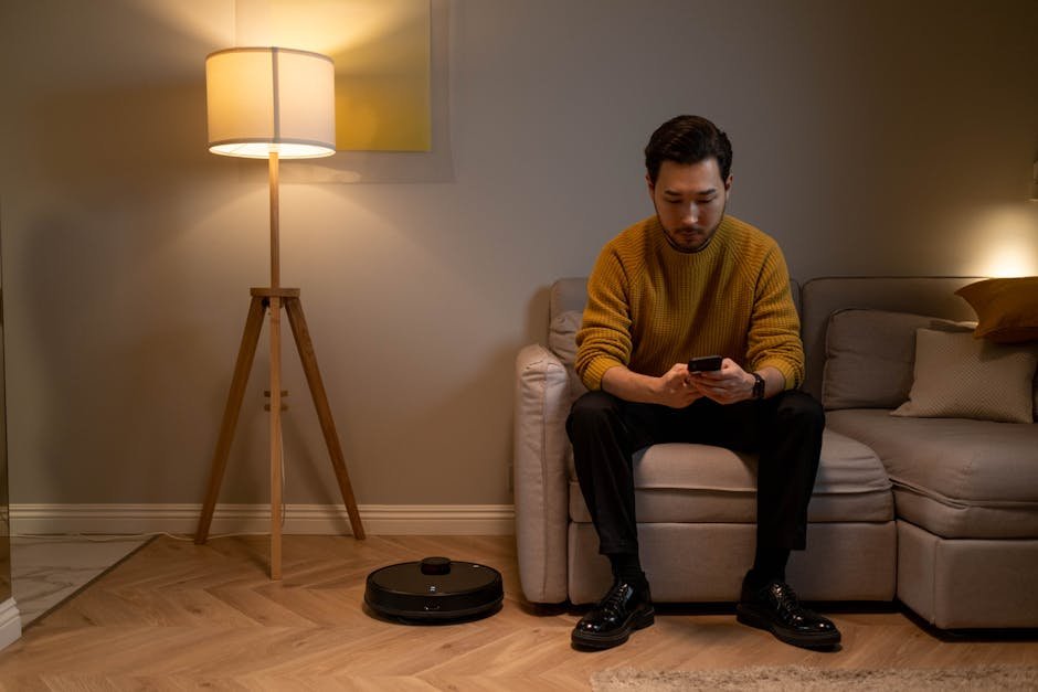 Man relaxed on sofa using AI therapy chatbot on smartphone