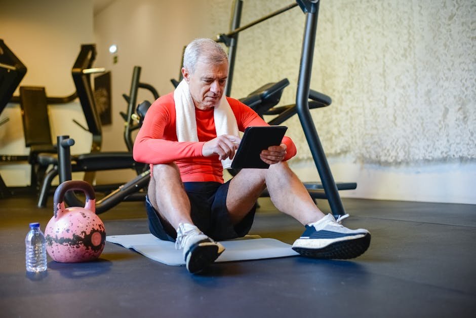 Senior man using tablet with AI workout recommendations for personalized training
