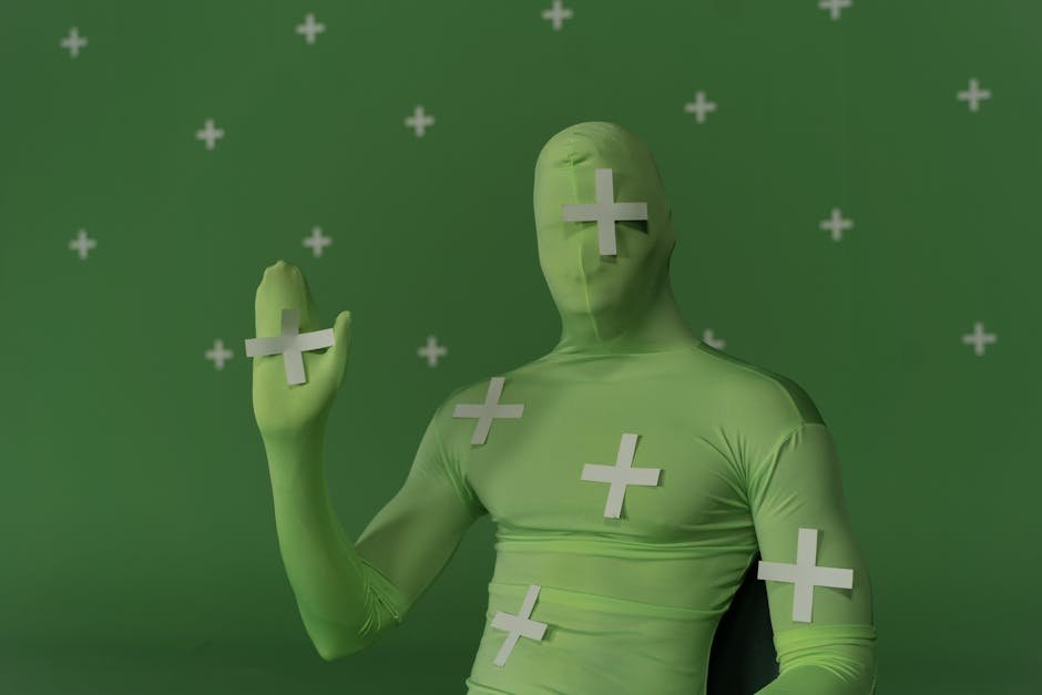 Person wearing green screen suit with tracking markers for visual effects - CGI technology similar to AI influencers