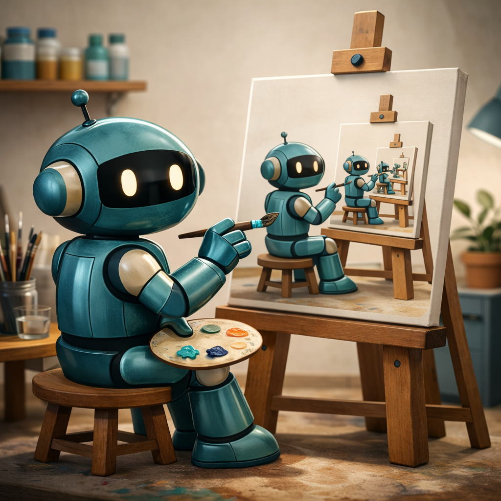 Photorealistic teal robot sitting on a wooden stool in a softly lit art studio, holding a paintbrush and palette while painting a canvas that shows the same robot painting itself at an easel in an infinite recursive scene.