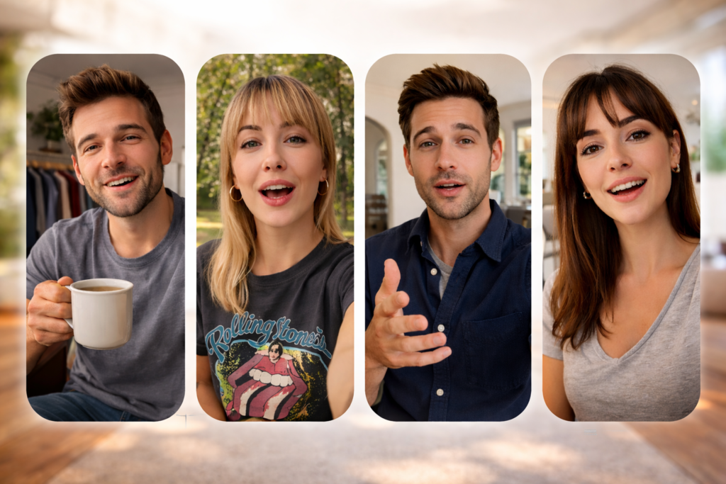 Do AI Ads Work? I Researched the Data So You Don't Have To 1 Four AI-generated avatars appearing in selfie-style video frames, each mid-speech as if recording social media testimonials