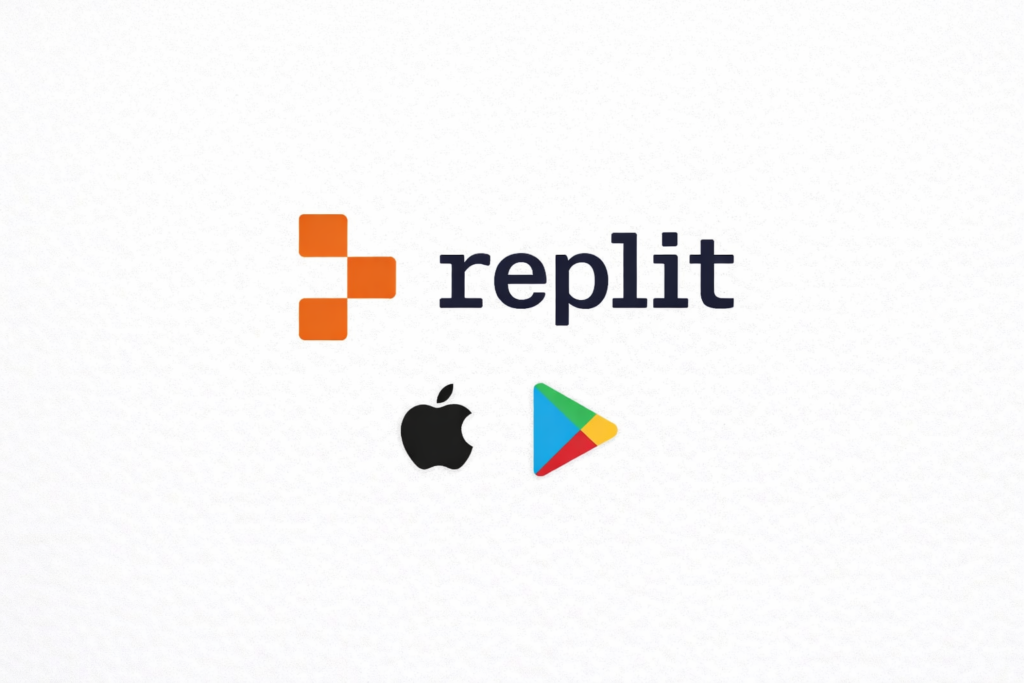 Replit Mobile Apps: From Idea to App Store in Minutes (Is It Too Good to Be True?) 1 Replit logo centered on a white background with Apple App Store and Google Play icons displayed beneath it.