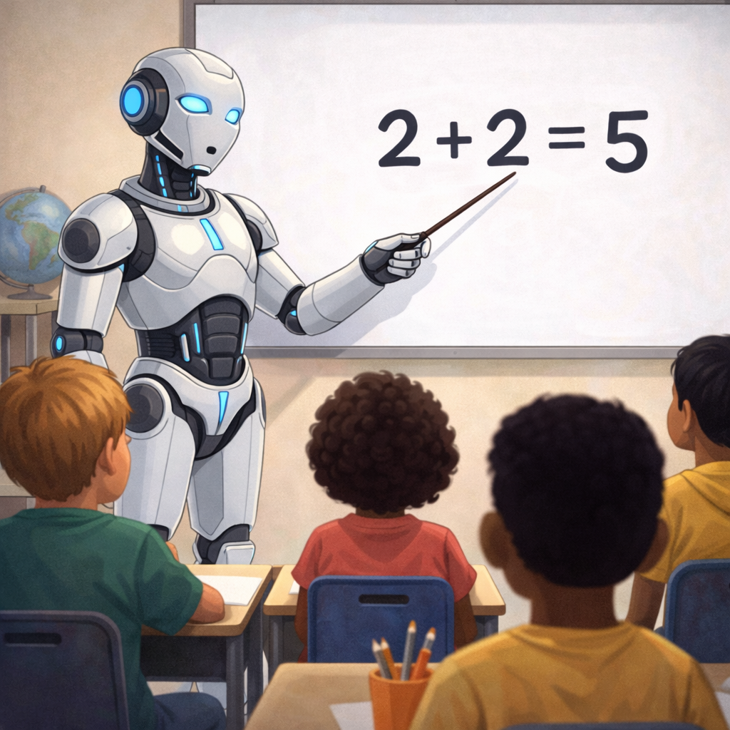 Is AI Making Us Dumber? What the Research Actually Says (And What to Do About It) 2 Illustration of a robot teaching a classroom of children, pointing to an incorrect math equation reading 2 plus 2 equals 5 on a whiteboard, symbolizing concerns that artificial intelligence may reduce critical thinking and learning skills.