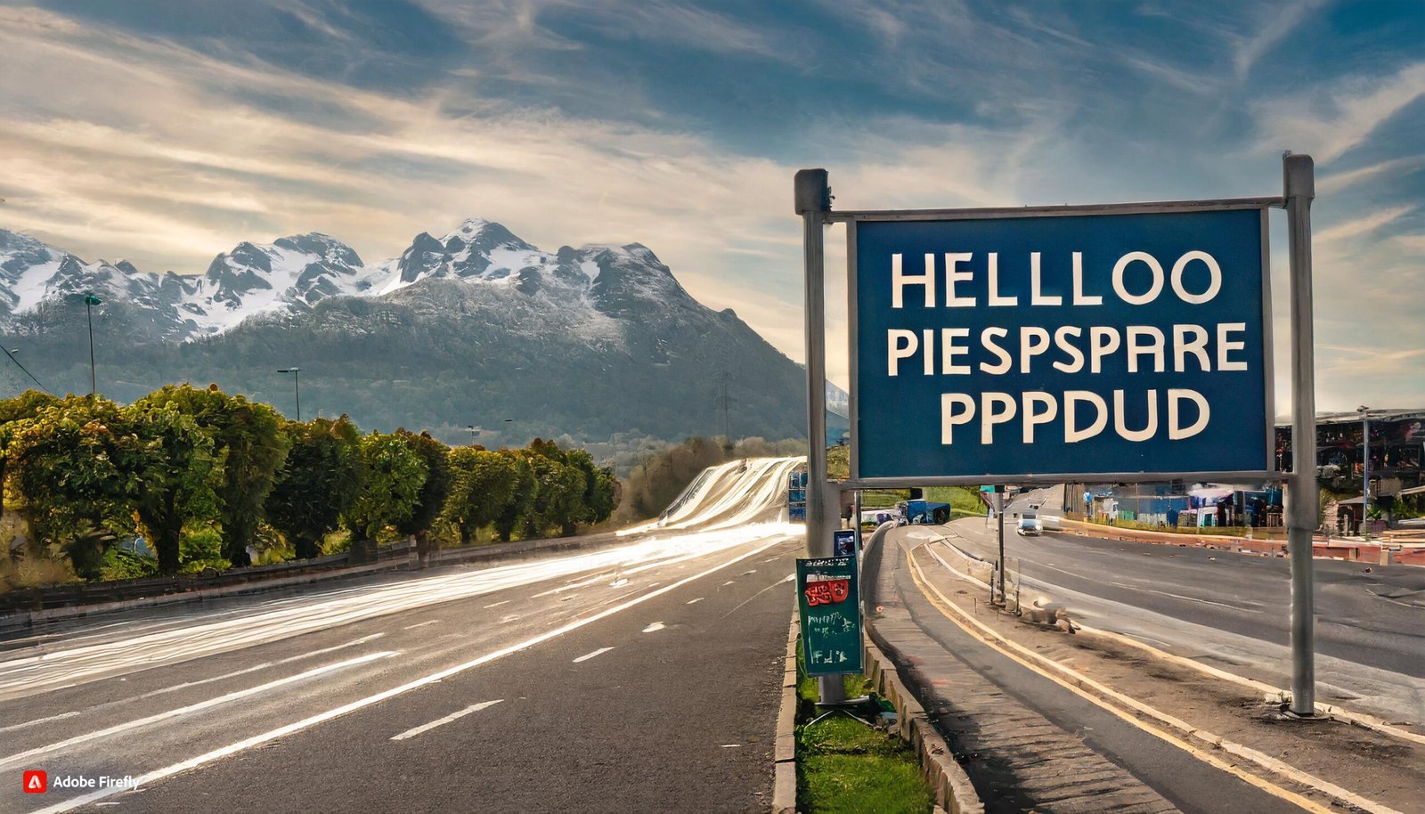 Firefly photograph of a street sign on a busy road near a billboard that says hello techcrunch reade scaled