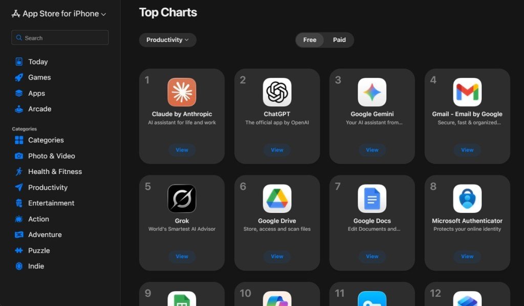 Claude AI app reaching number one on the US App Store after Anthropic government ban