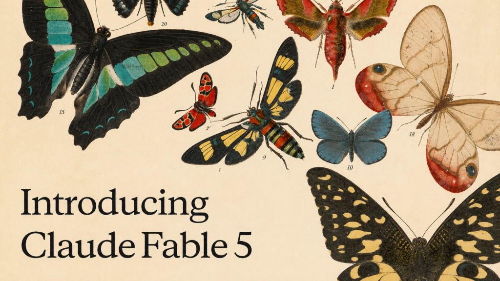 Introducing Claude Fable 5 banner with colorful vintage butterfly illustrations