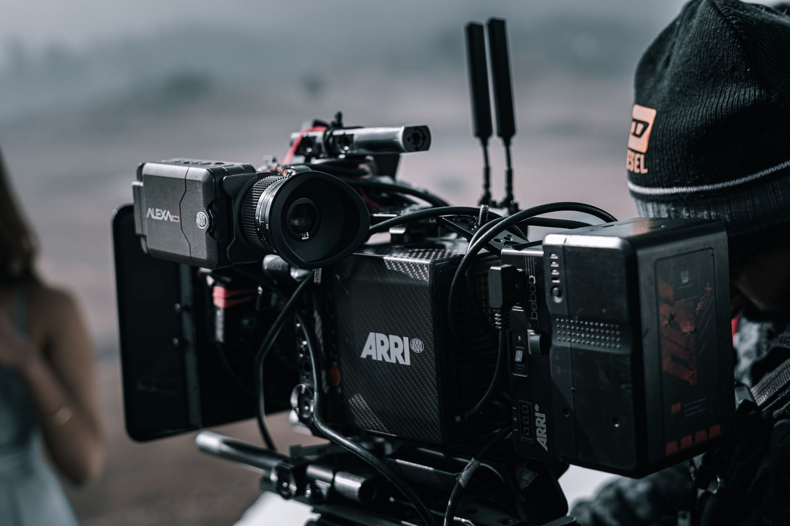 A professional film camera on a set, the traditional filmmaking an AI-generated film skips