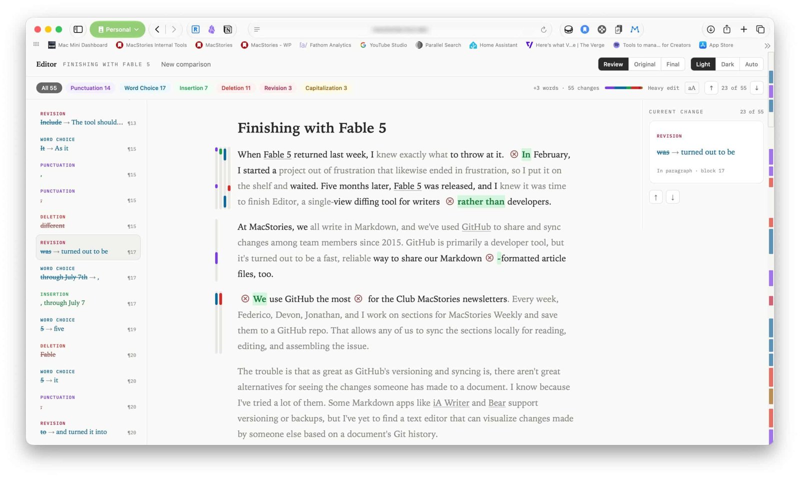Screenshot of Editor, the Markdown diffing tool for writers that Fable 5 finished in under 24 hours