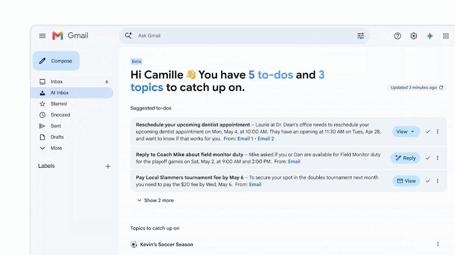 Gmail AI Inbox showing suggested to-dos and topics to catch up on, with a Beta badge