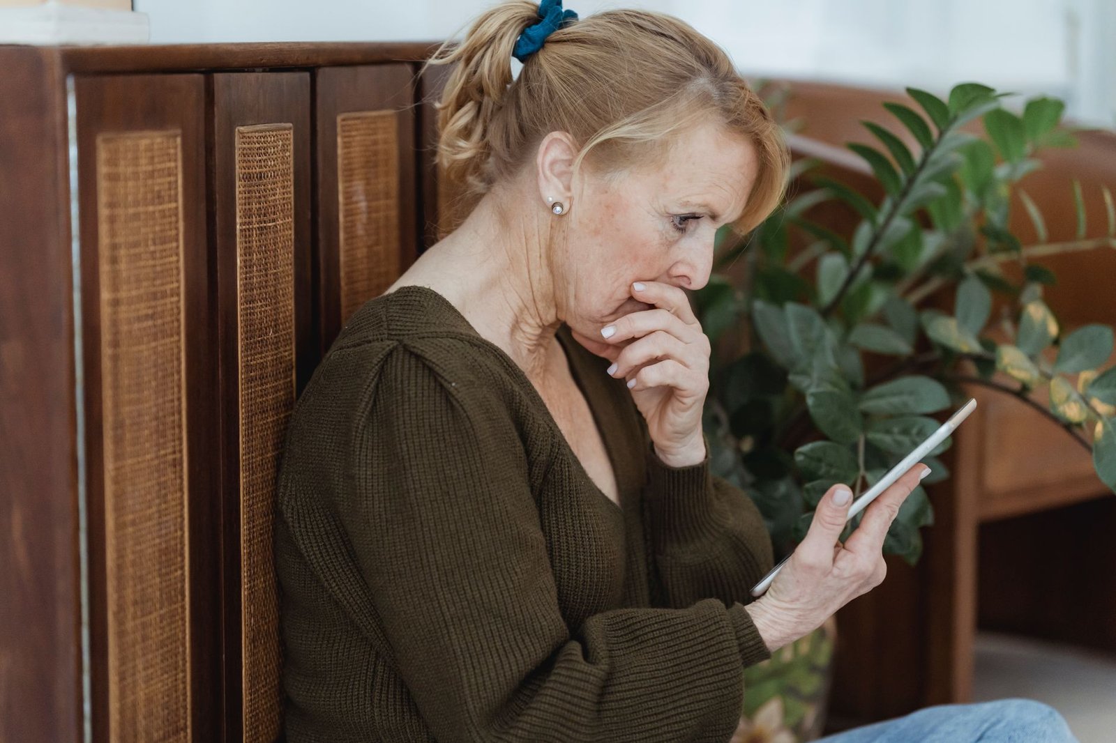 An older woman reacting with alarm to something on her phone