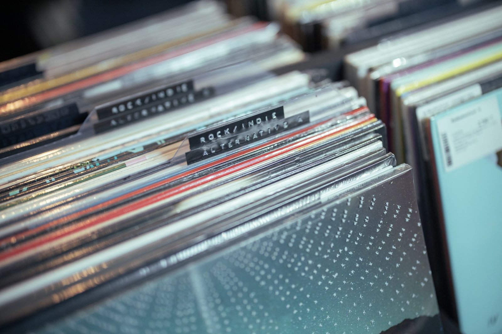 Rows of vinyl records in a music store, the kind of catalog the major labels sued to protect