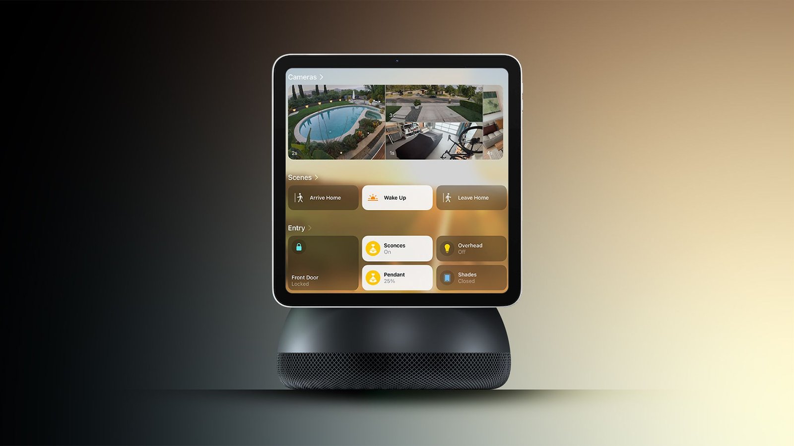 Concept render of the rumored Apple Home Hub smart display on a dome speaker base