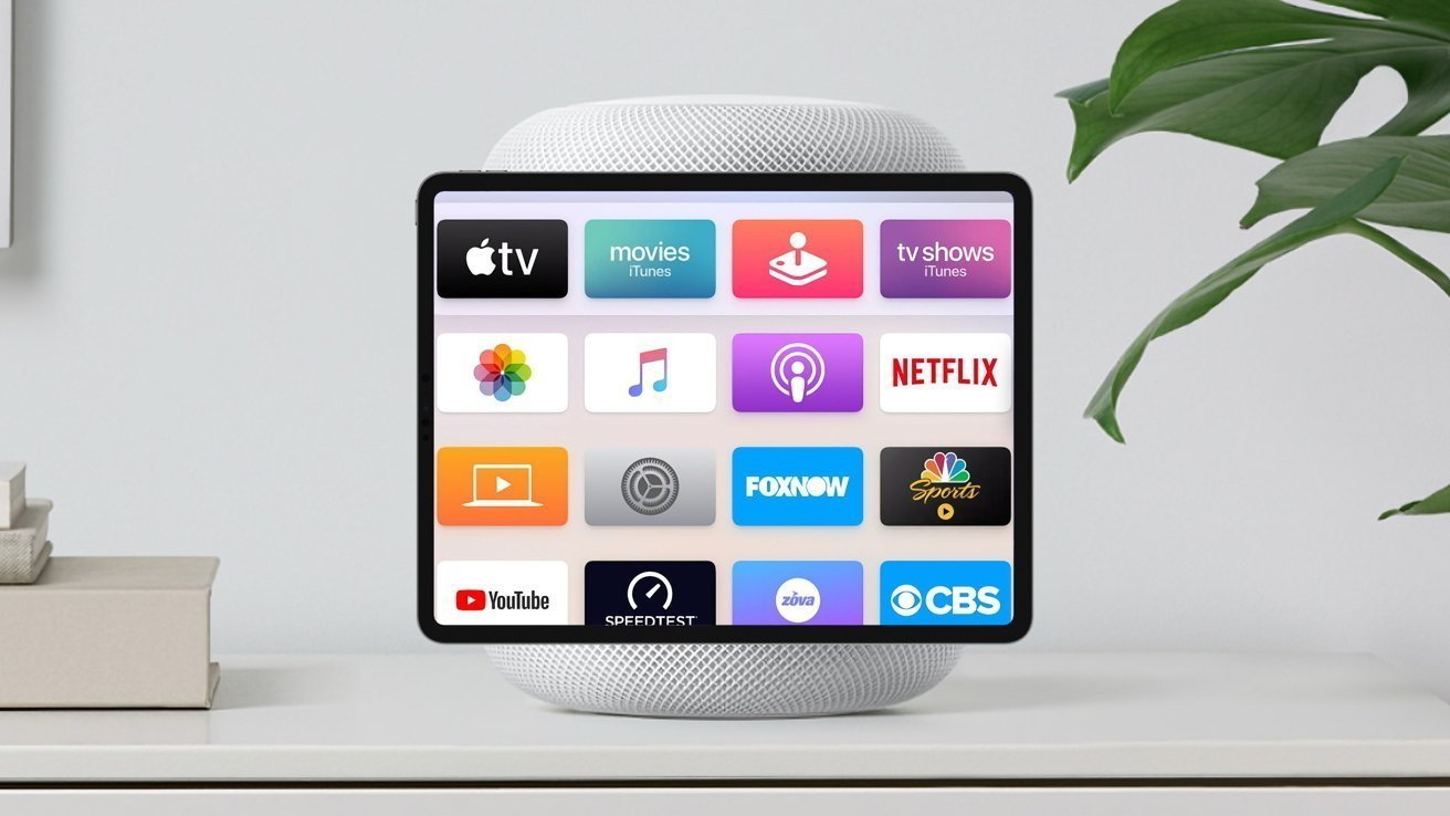 Mockup of a square display attached to a HomePod-style speaker on a shelf