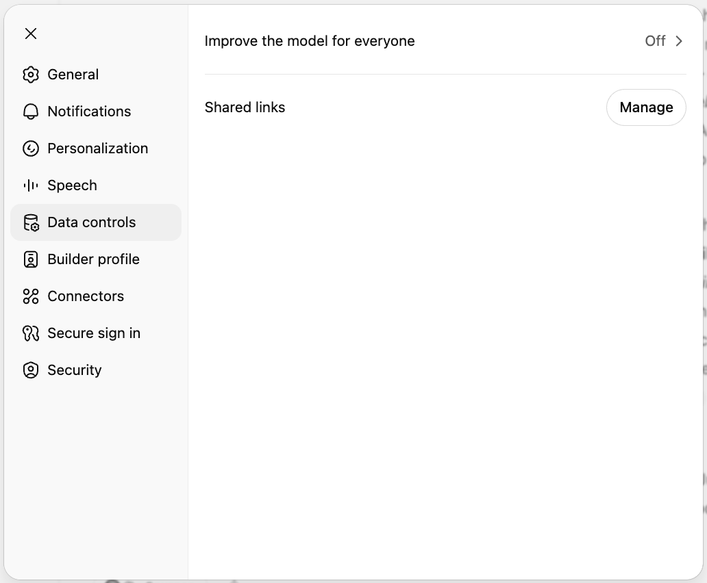 ChatGPT conversations privacy setting: the Data Controls page with Improve the model for everyone switched off