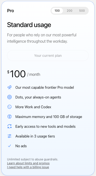 The ChatGPT Pro 100 plan page listing ChatGPT dots, your always-on agents, at 100 dollars a month