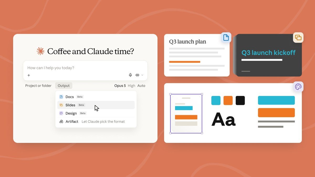 Claude Will Now Write the Doc and the Deck for You, and You Can Open Them in Word or PowerPoint 1 Claude Docs, Claude Slides and Claude Design shown in the new Claude output picker beside a sample document and slide