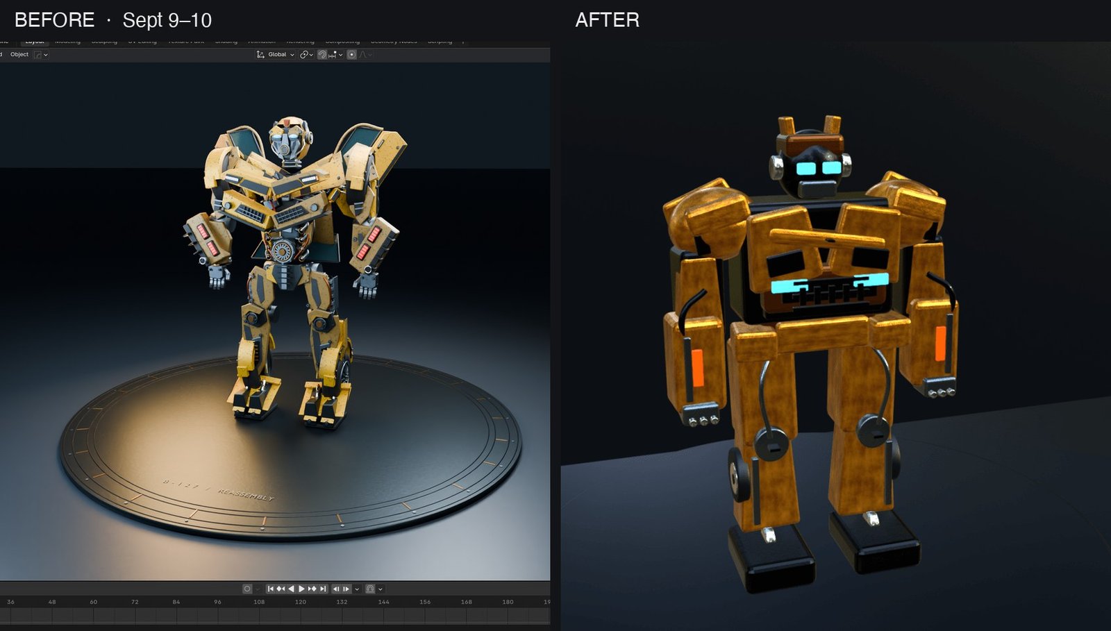 GPT-6 Astra Got Worse After Launch. Fable 5 Did Too. I'm Calling It a Pattern. 2 GPT-6 Astra nerfed before and after: a detailed yellow robot render from September 9 to 10 next to a blocky robot render from after, posted on r/codex