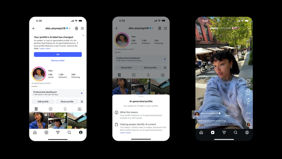 Three phone screens showing Instagram's new AI-generated profile label on a profile, a settings sheet, and a Reel