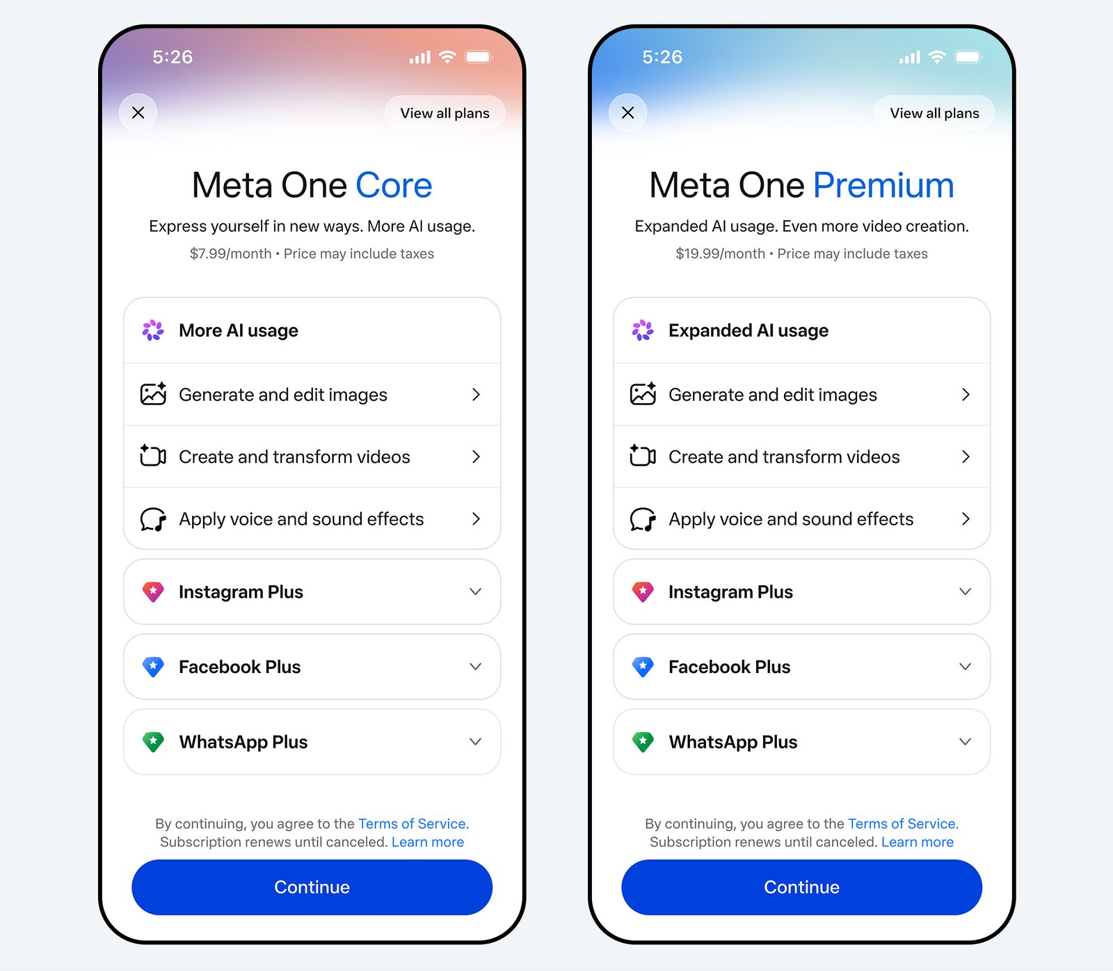 Meta One Core and Premium plan screens showing $7.99 and $19.99 monthly prices with Instagram Plus included