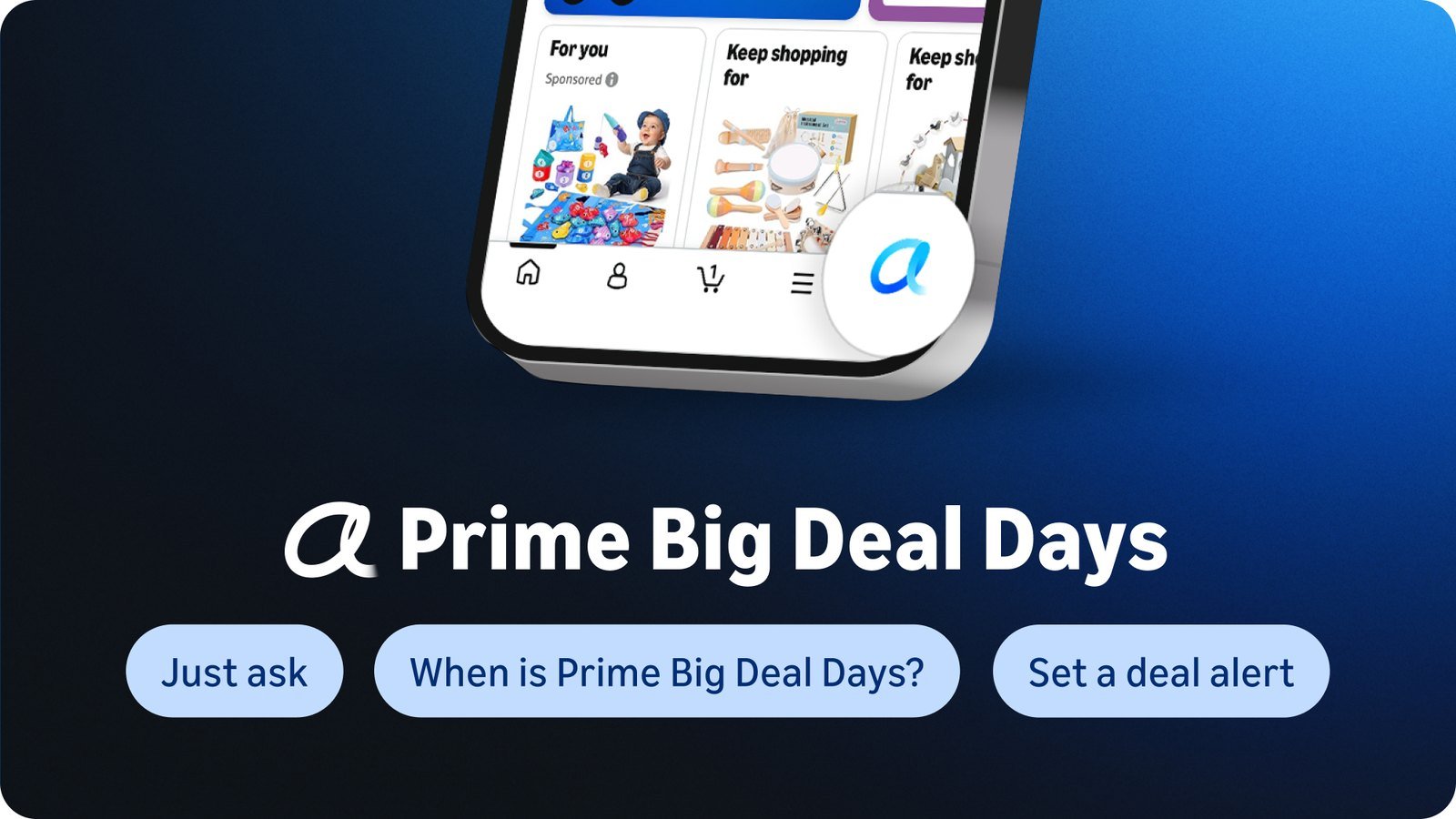 Alexa for Shopping artwork for Prime Big Deal Days with prompts like Set a deal alert